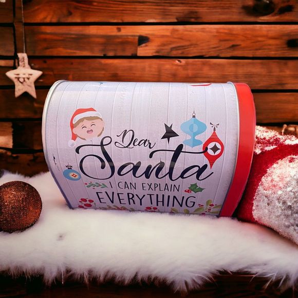 Mailbox Shaped “Dear Santa…” Holiday Tin Container Can With Flag NEW - Picture 3 of 9